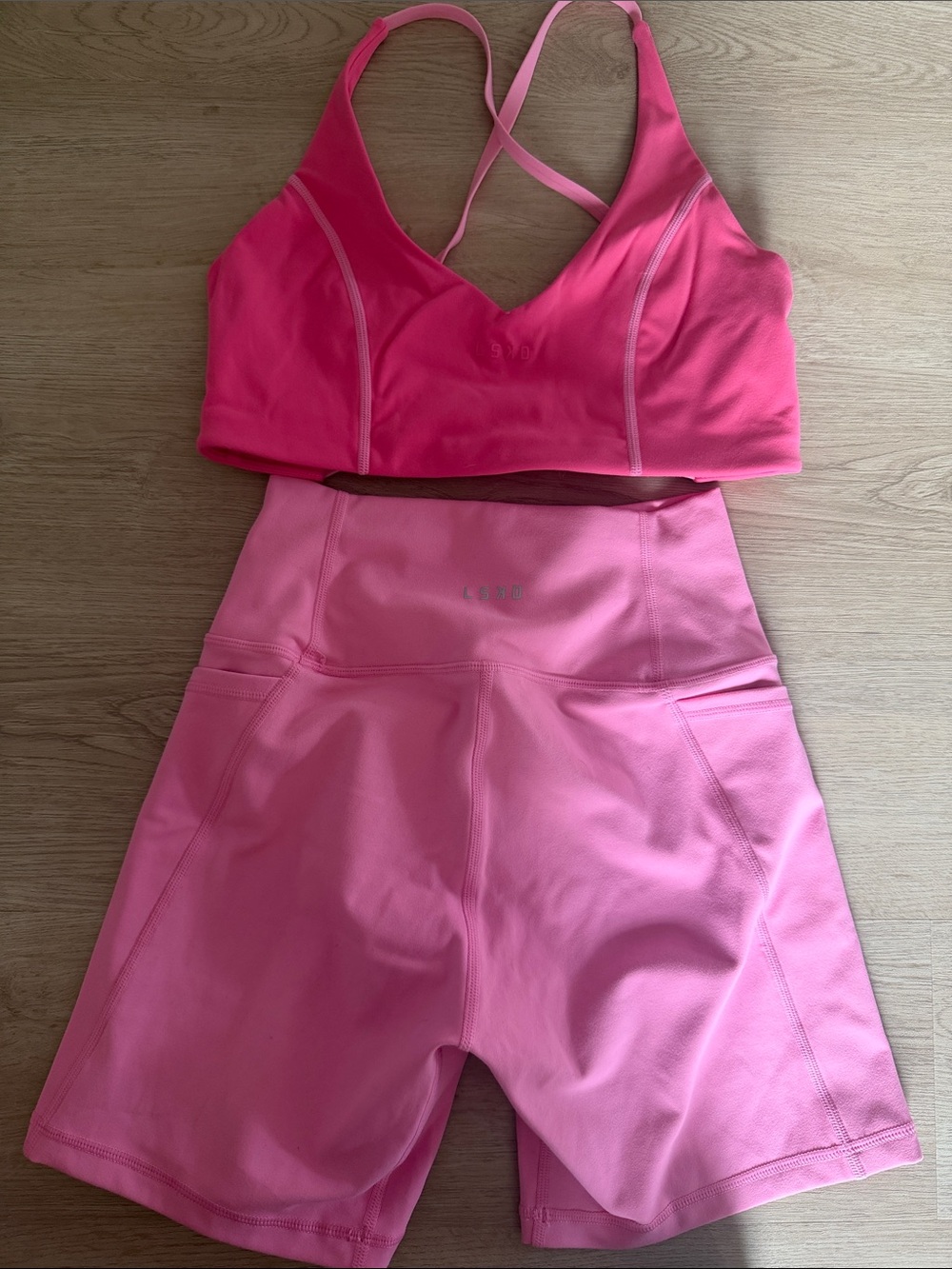 LSKD Pink set 6” Fusion shorts with pockets and sports bra